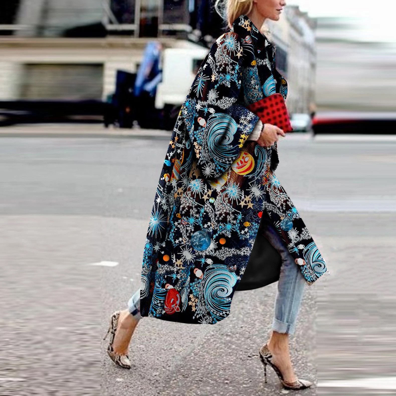Abrigo Largo de Lana Estampado para Mujer de Tela de Lana, Engrosado, Manga Larga, para Invierno