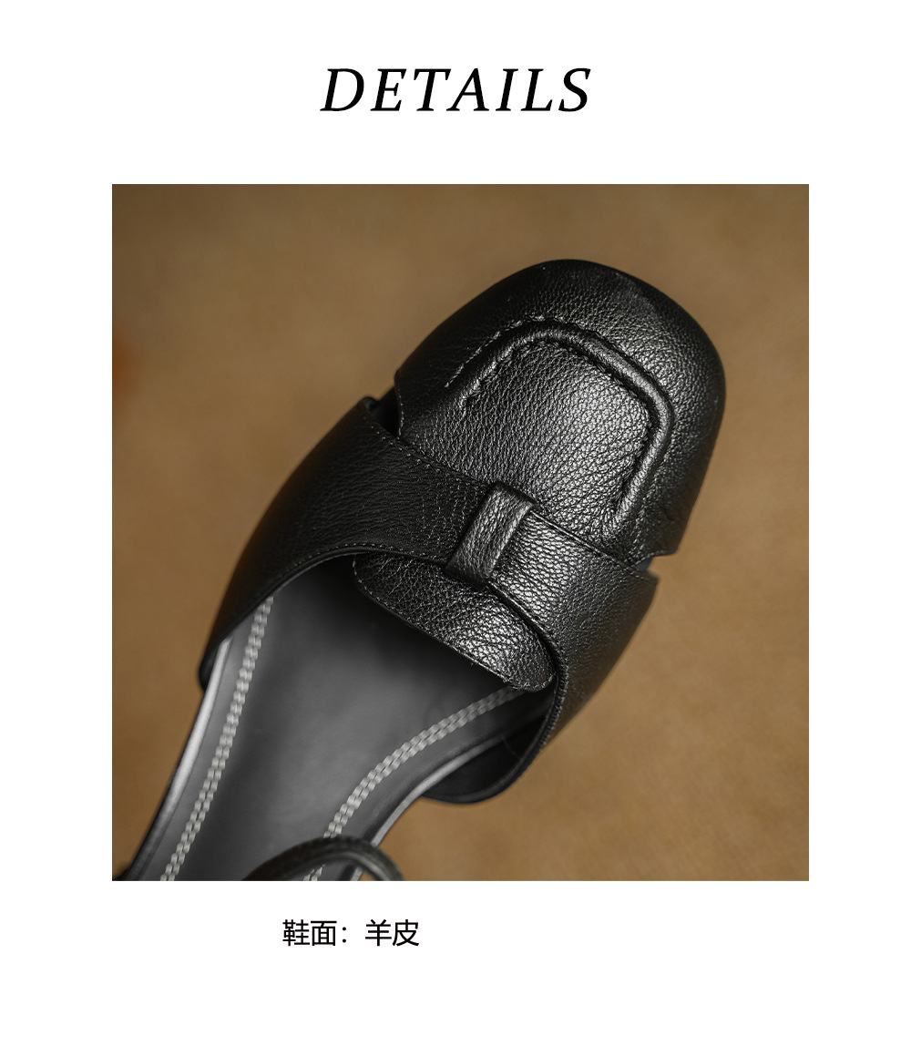 Sandal nữ da dê chạm trổ hoa văn, gót vuông 4,5 cm, mũi vuông hở mũi — đen chi tiết 17