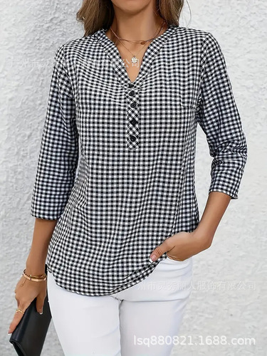 European and American Bestselling Spring and Autumn Women's Retro Elegant Checkered Striped Long-Sleeve Shirt