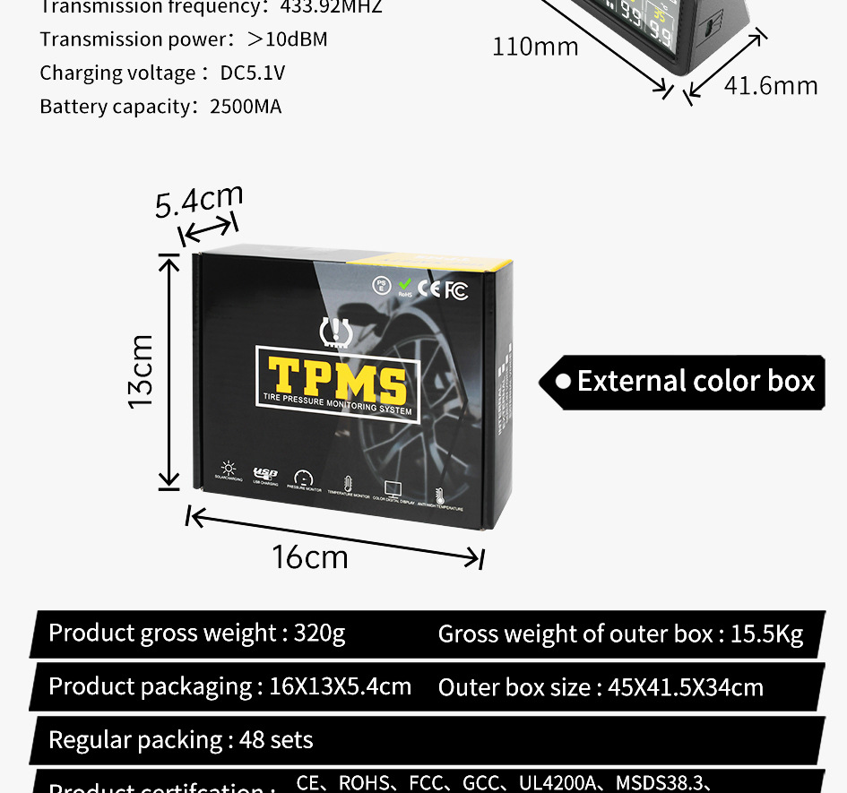 T18 Car Tire Pressure Monitor Solar Wireless Charging High Precision 4inch with In-Car Ambient Temperature Function