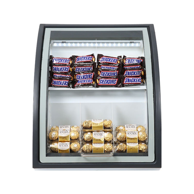 Comedor de conveniencia refrigerador de chocolate bar congelador horizontal puerta de vidrio arqueada mostrador congelador de bebidas