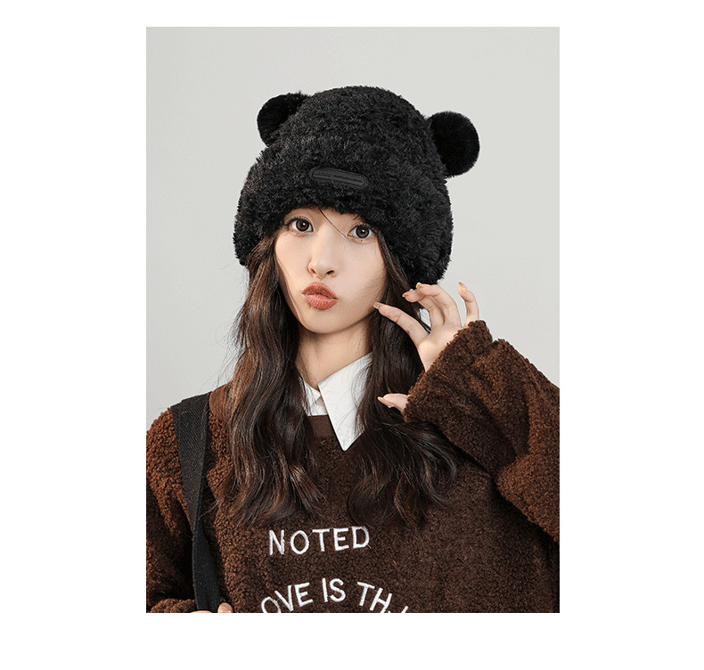 Herbst- und Wintermützen für Damen, süße Fleece-Wintermütze, verdickter warmer Gesichtshut, kleine kältebeständige Plüsch-Strickmütze aus Wolle_voghion.com