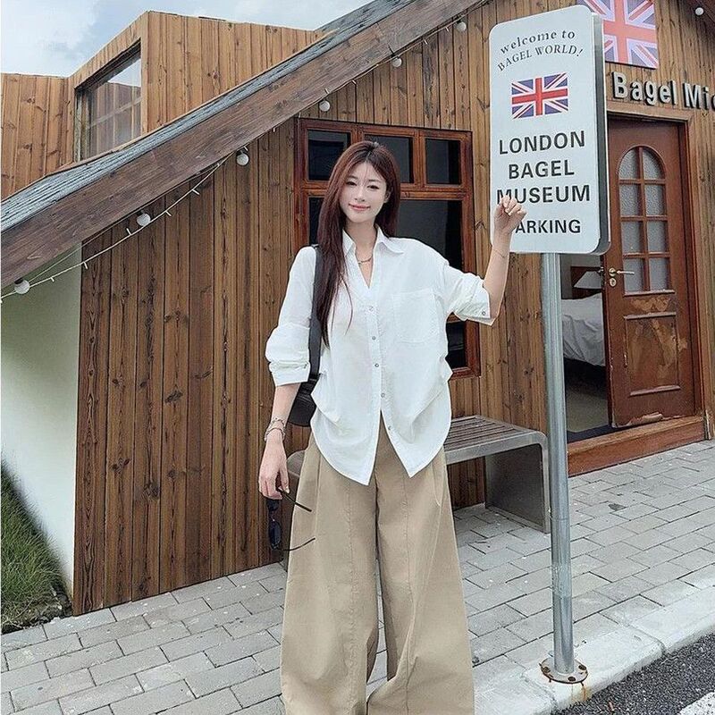会凹造型的白衬衫秋季新款休闲百搭白色休闲翻领泡泡袖收腰衬衣女|undefined
