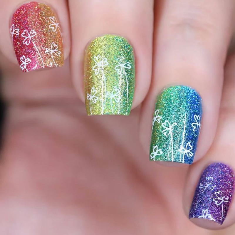 Rainbow Magic Color Gradient White Lucky Grass Design Short Square St. Patrick's Day Wear Manicure Nail Pieces