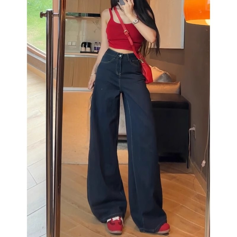 Li Li Clothing Denim Blue Raw Cow 2025 Autumn/Winter New Loose Fit Slimming Fleece-Lined Wide-Leg Jeans