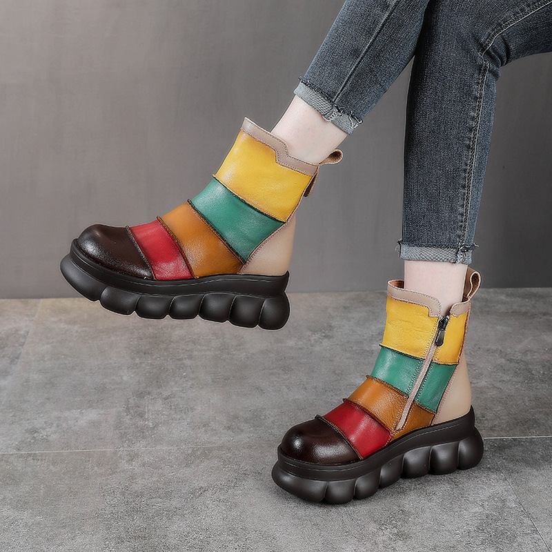 Autumn and Winter Thick-soled Rainbow Genuine Leather Martin Boots Women's Vintage Colorblock High-top Short Boots Top-layer Cowhide Platform Heel Single-layer Boots Autumn and Winter Thick-soled Rainbow Genuine Leather Martin Boots Women's Vintage Colorblock High-top Short Boots Top-layer Cowhide Platform Heel Single-layer Boots