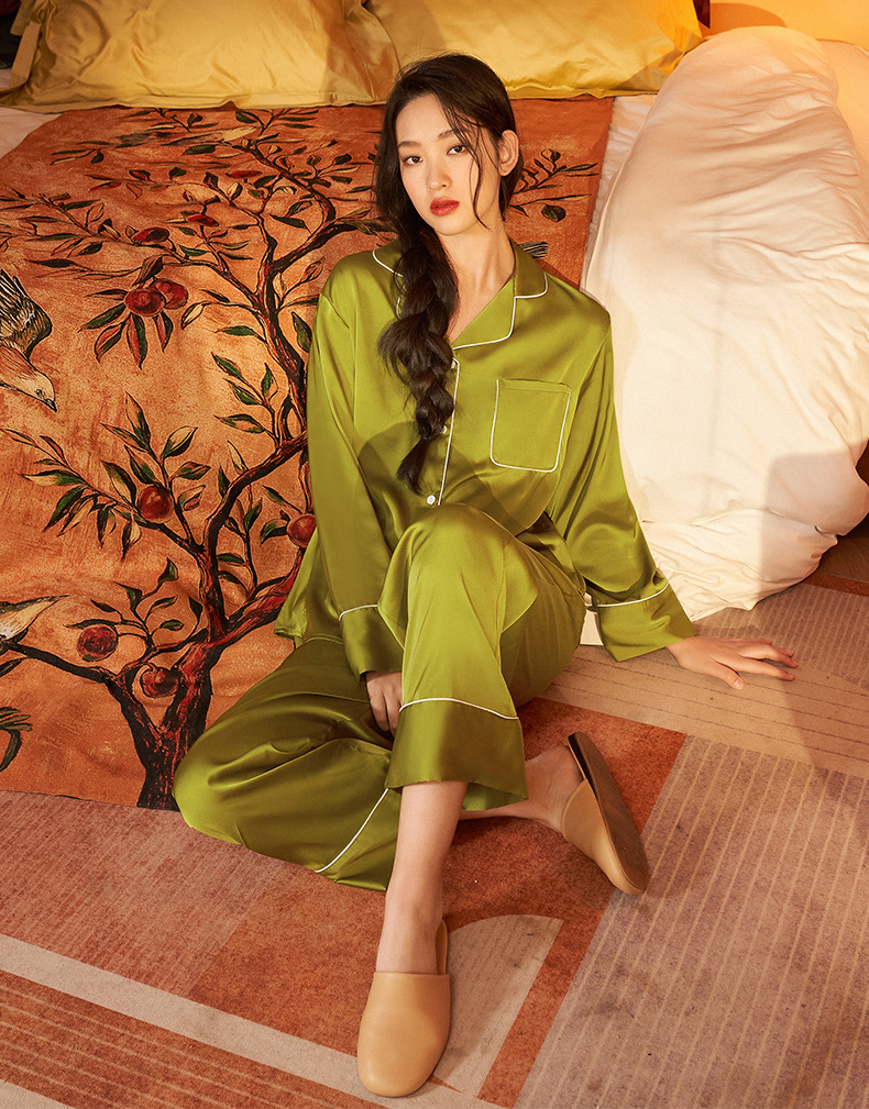 Yaoting Einfacher, lässiger Satin-Chiffon-Pyjama, lange Ärmel und lange Hose, Homewear-Set für Damen, Pama2062_voghion.com