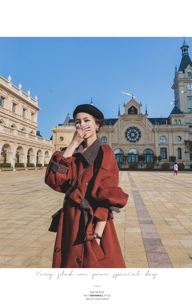 Women's Long Woolen Coat Brick Red Hepburn Style Winter Overcoat_voghion.com
