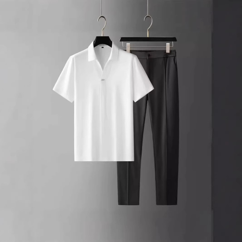 Summer Ultra-Thin Silky Ice Silk Light Luxury Seamless Glued Short-Sleeved Shirt Set Business Casual Sports Two-Piece Set for Men