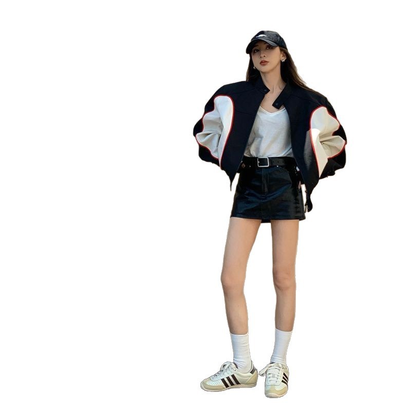 港味美式外套女2025春季新款黑白撞色上衣宽松高腰机车棒球服ins|undefined