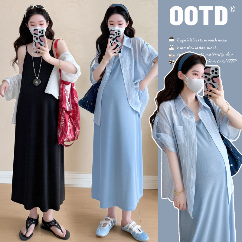 Maternity Summer Dress 2026 Short-Sleeve Shirt and Slip Dress Two-Piece Set Summer Outfit Trendy Mom Pregnancy Wear