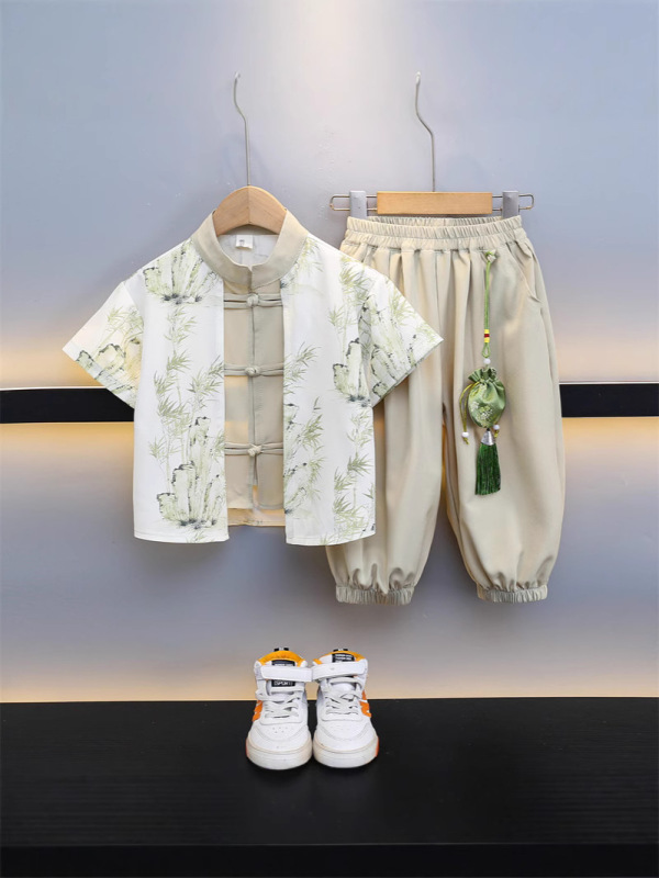 男の子韓服夏半袖スーツ 2025 新しい子供服中国風シャツボタン唐スーツツーピーストレンディセット|undefined
