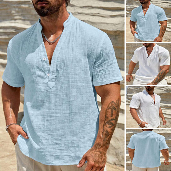 European and American cross-border Men's cotton and linen double-layer solid color Cuban collar short-sleeved shirt 2024 men's fashionable simple solid color shirt