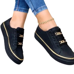 Cross-border plus size 23 European and American platform chain sports style low-top single-layer shoes women's leather front lace-up slip-on casual single-layer shoes