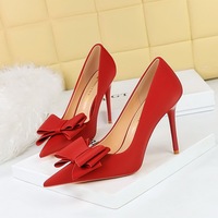 3265-H2 Fashion Slim High Heel Shoes with Fine Heels, Satin, Shallow Mouth, Pointed Bow Tie Single Shoes, High Heel Women's Shoes