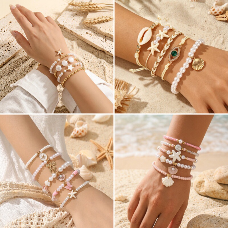 New European and American summer vacation style beach starfish shell pearl bracelet, elastic woven string bracelet for women, wholesale New European and American summer vacation style beach starfish shell pearl bracelet, elastic woven string bracelet for women, wholesale