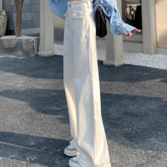 白色高腰毛边直筒牛仔裤女2025年秋季新款宽松显瘦阔腿拖地裤子