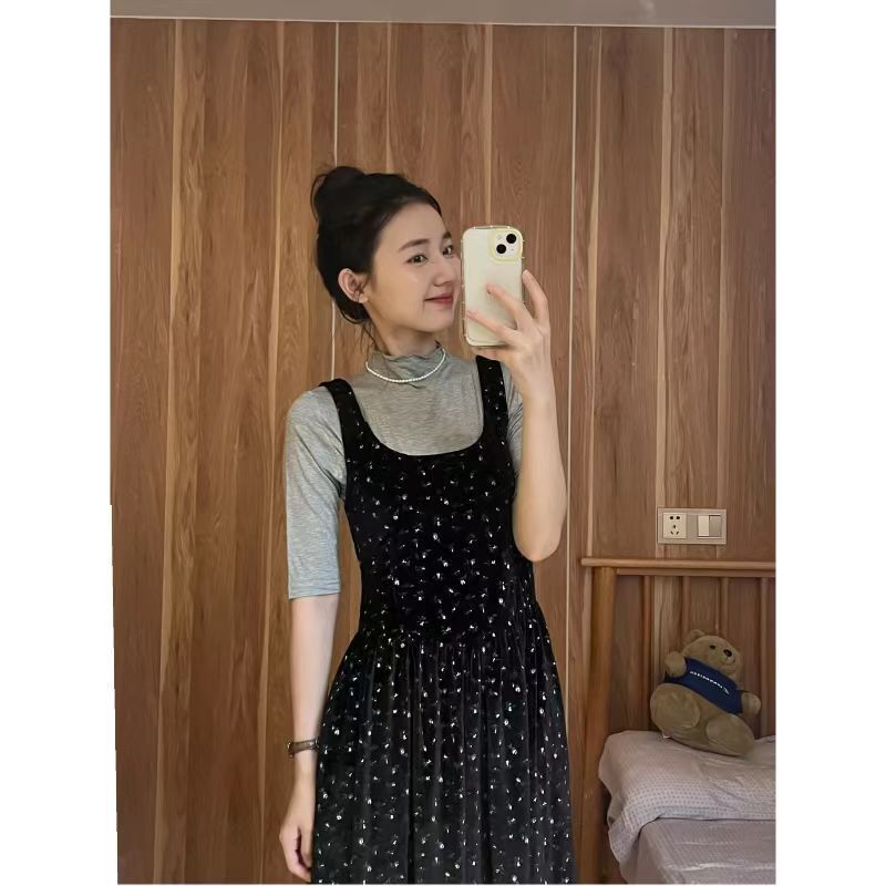 黑色碎花丝绒背带连衣裙女套装宽松显瘦方领气质中长款裙子长裙|undefined