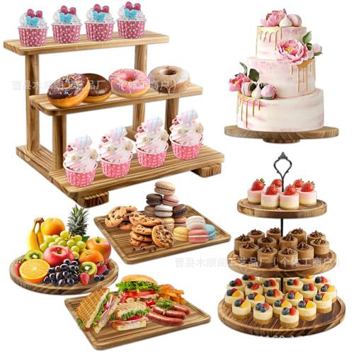 Wooden Cupcake Stand Service Tray Multi-Layer Solid Wood Tray Storage Cake Dessert Tray Round Storage Rack