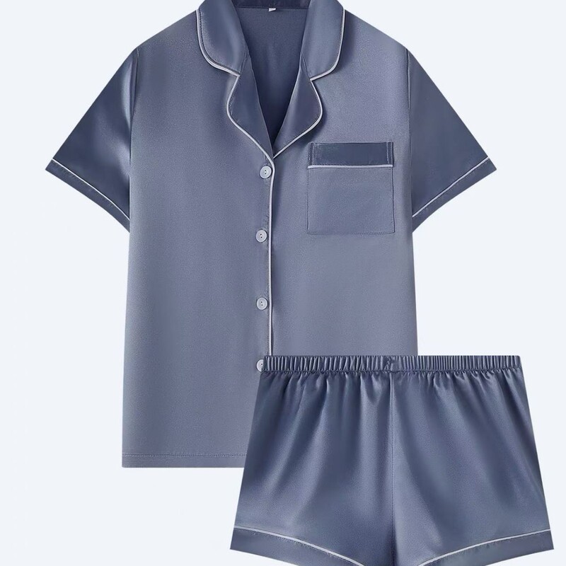跨境外贸Nightwear简约气质百搭女舒适短袖衬衫家居服短裤套装|undefined