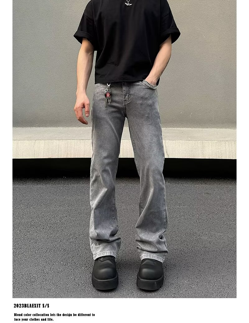 Men's Gray American Streetwear Vintage Wash Flared Jeans, Relaxed Fit Bootcut Denim Pants With Distressed Details For Urban Fashion_mkmklike.com