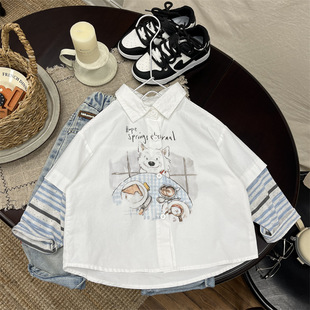 Children's Spring Fake Two-piece Shirt Children's Western Style All-match Cartoon Shirt Boys' Shirt Baby's Spring Clothes Fashionable
