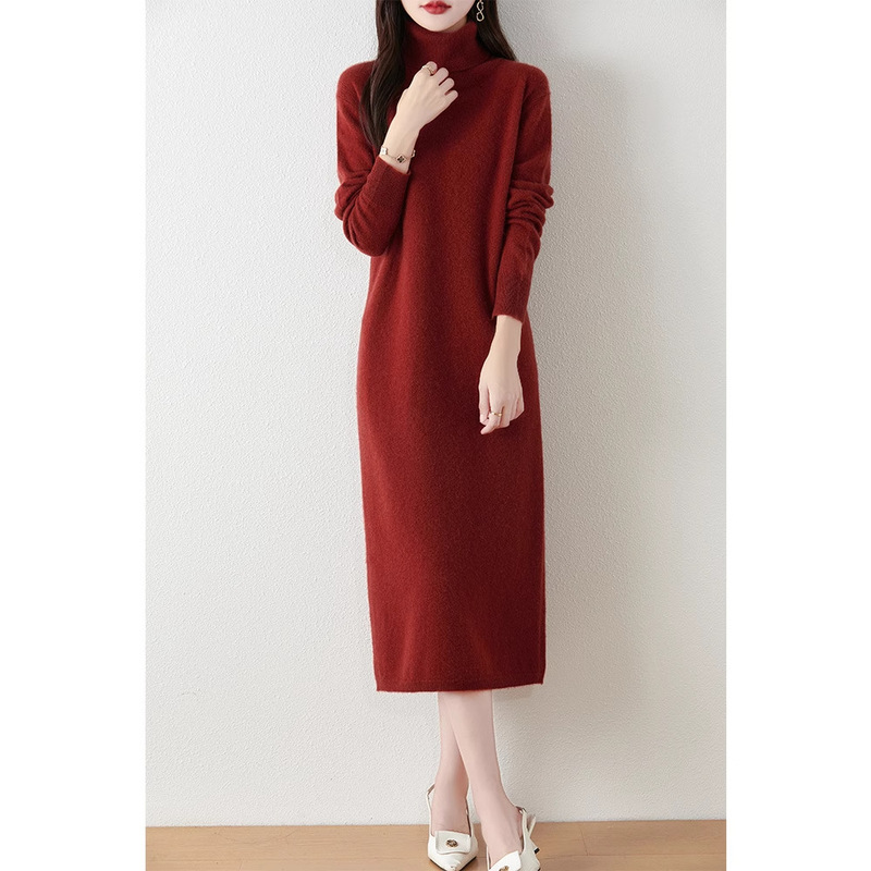 Long Turtleneck Sweater for Women in Autumn and Winter, Thickened Knitted Dress, Lazy Style, Over-The-Knee Sweater Dress, All-In-One Outer Wear