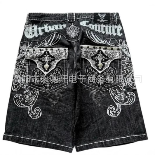 欧美潮牌嘻哈刺绣牛仔短裤直筒宽松大码潮男五分中裤胖子加肥加大