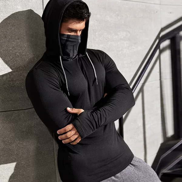 European and American 2026 New Men's Hooded Fitness Tops, Solid Color Running Sports Casual Long-Sleeve Breathable Sweat-Absorbing Clothing