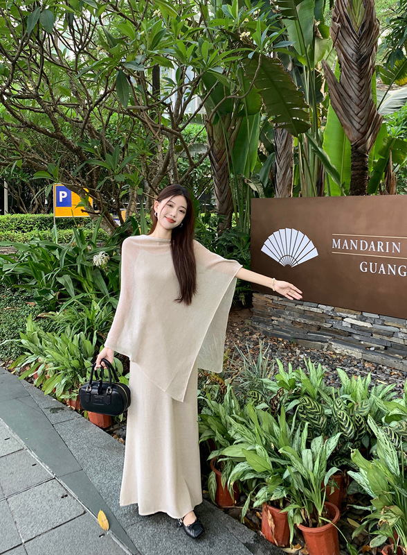 松弛感慵懒气质休闲套装女夏不规则防晒罩衫披肩吊带连衣裙两件套|undefined