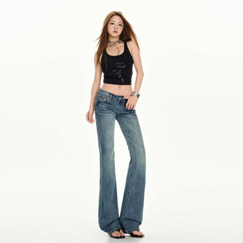 Retro Blue Low-Waist Cat Paw Flared Jeans for Women, Elastic Slimming Embroidered Bell-Bottom Pants Wholesale