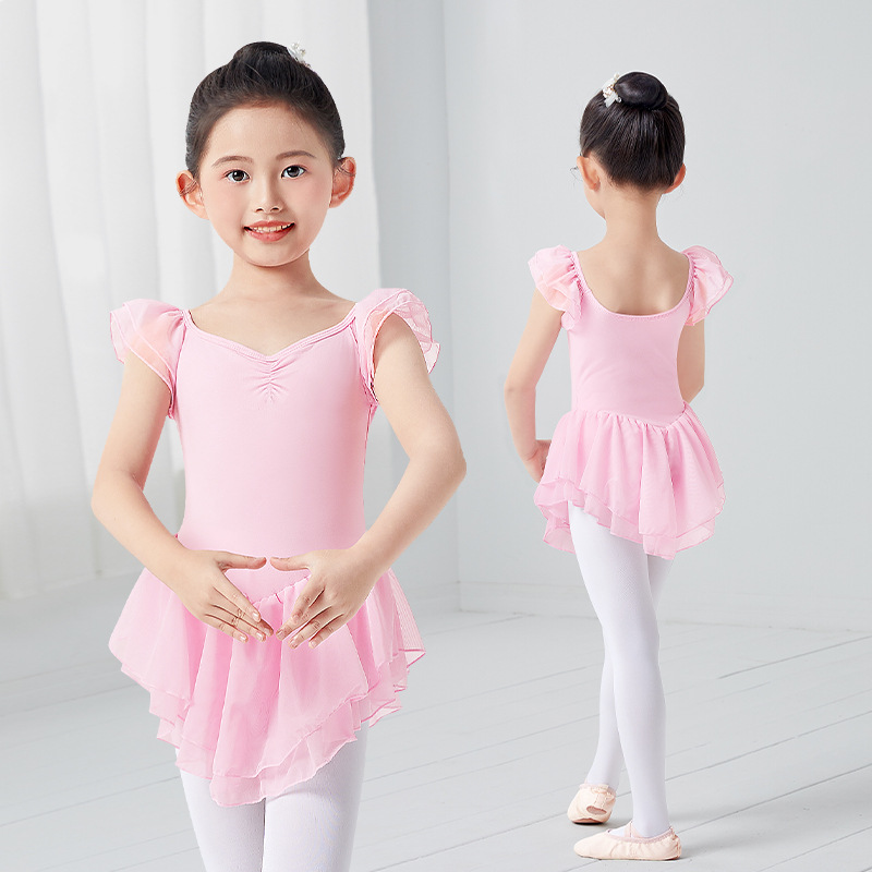 Ropa de baile para niños verano para niñas bailando falda de Ballet de manga corta manga de vuelo de doble capa para niñas Ropa de práctica de baile chino