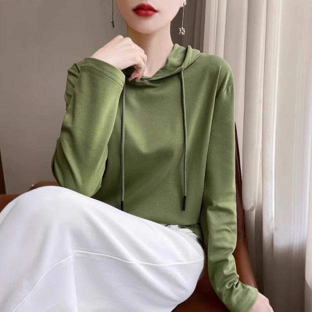 2025 Spring and Autumn Long Sleeve Women's New Hoodie Sweater Women's Knitwear Mercerized Cotton Hooded T-Shirt Top Thin