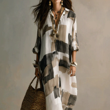 Supports dropshipping, bohemian style vacation vibe printed shirt dress for women, loose-fitting, collared, long cardigan Supports dropshipping, bohemian style vacation vibe printed shirt dress for women, loose-fitting, collared, long cardigan