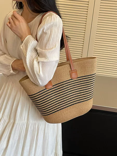 Straw Woven Bag for Women, Summer Handbag, Tote Bag, Large Capacity Bucket Bag, Woven Shoulder Bag, Rattan Woven Bag, Cross-Border