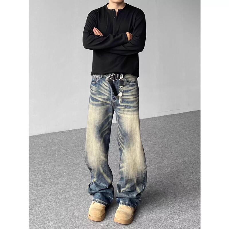 American Retro Street Style Distressed Washed Cleanfit Whiskered Jeans Unisex Casual Loose Straight-Leg Pants American Retro Street Style Distressed Washed Cleanfit Whiskered Jeans Unisex Casual Loose Straight-Leg Pants