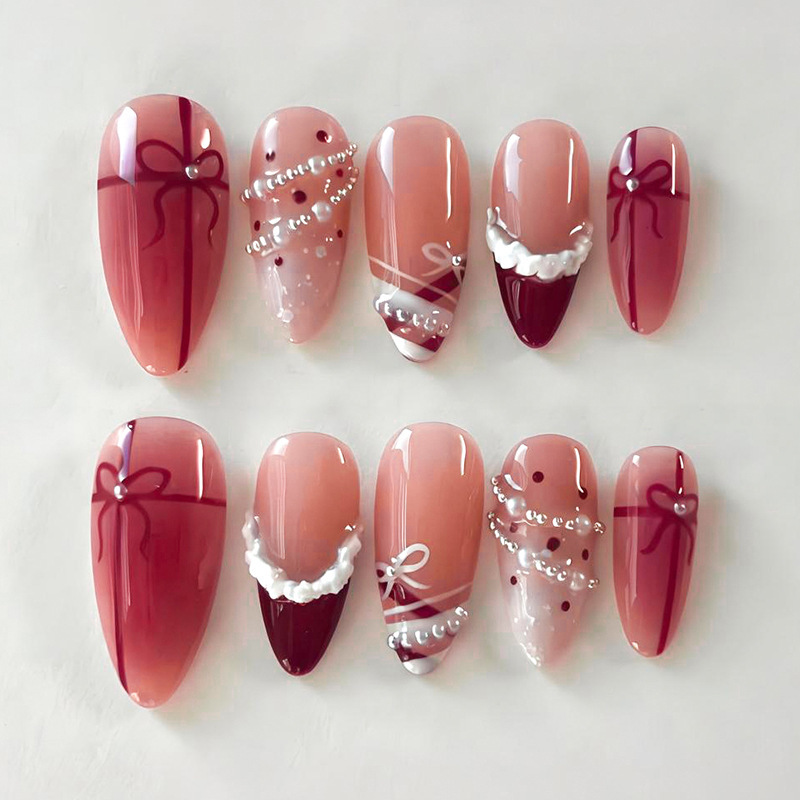 Valentine's Day Wearable Nail Tips Cross-Border Bowknot Polka Dot Pearl Wrinkle 24-Piece Finished Almond Fake Nails Wholesale Valentine's Day Wearable Nail Tips Cross-Border Bowknot Polka Dot Pearl Wrinkle 24-Piece Finished Almond Fake Nails Wholesale