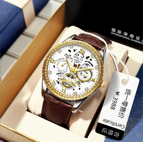 Fashionable luxury diamond waterproof belt calendar men's business hollow non-mechanical sports youth watch luminous