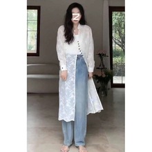 9108通勤简约设计感镂空立领长款蕾丝开衫女春法式高级感别致衬衫