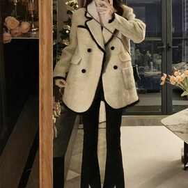 小香风名媛撞色毛呢双排扣西装外套女秋冬新款设计感小众百搭大衣