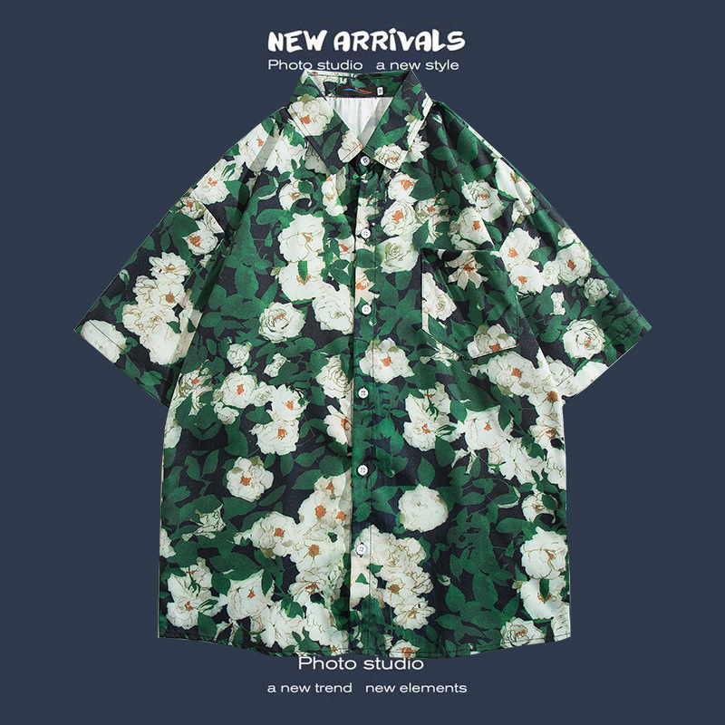 Camisa floral de manga corta Estilo de Hong Kong estilo retro de vetiver Estilo coreano moda guapo camisa de hombres y mujeres de moda y top de hadas