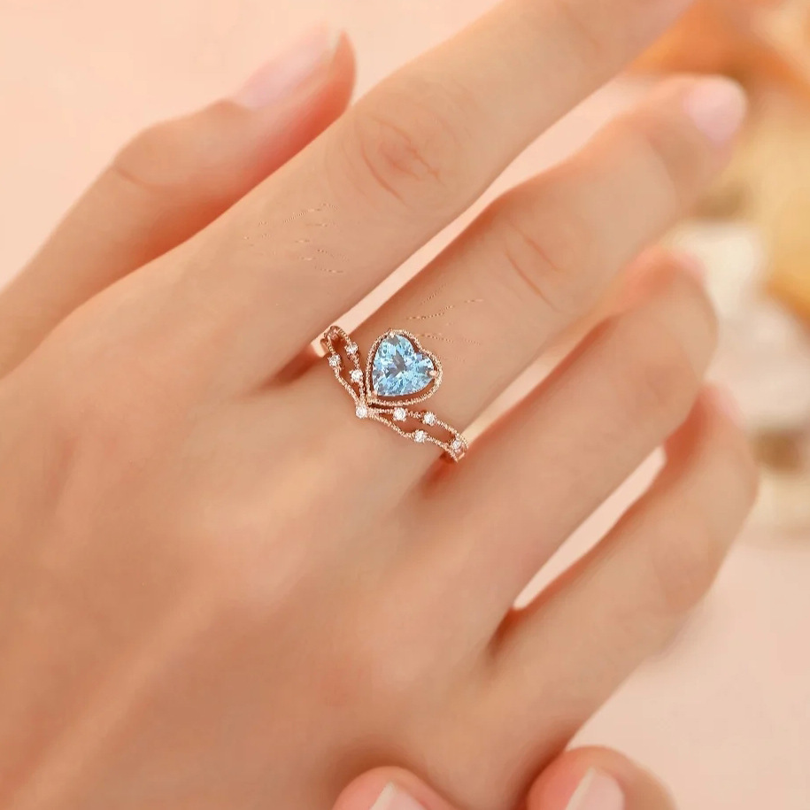 Tik Tok Live Stream Drainage Welfare Colored Gems Open Ring Ins Wind Saint Mary Topaz Blue Love Heart Ring For Women display picture 3