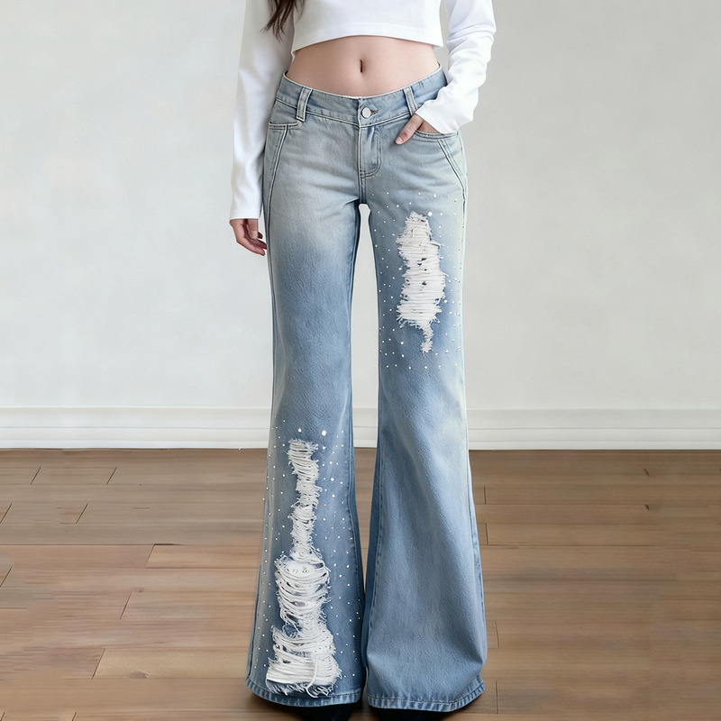 Big Sale for Low Price # American-Style V-Waist Rhinestone Lace Patchwork Ripped Gradient Slim-Fit Flared Jeans