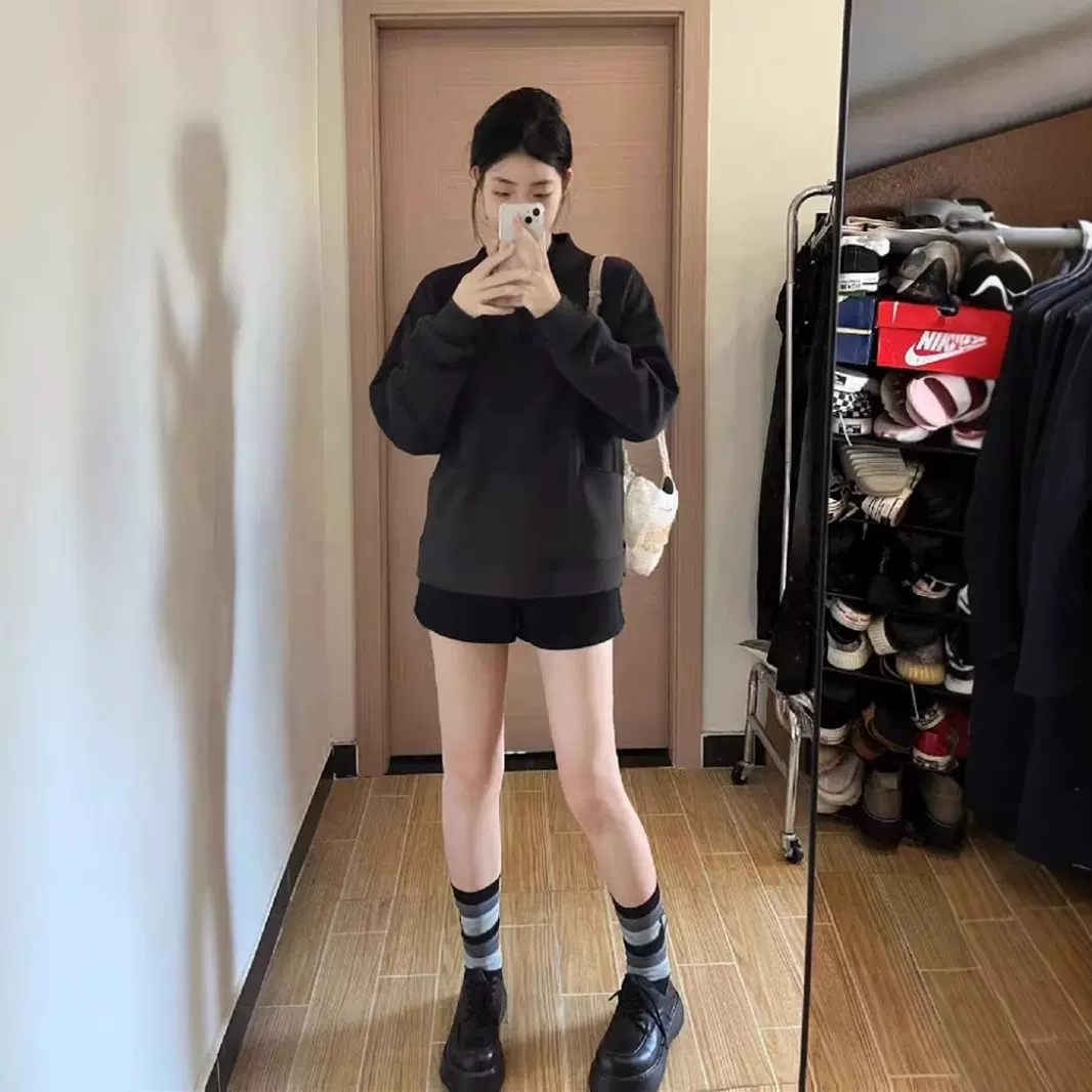 秋冬可定制半高领休闲慕丝绒简约时尚宽松百搭纯色卫衣女抓绒加厚