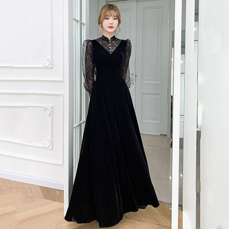 Vestido de encaje negro vestido nuevo estilo chino largo cuello ligero lujoso hueco de manga larga vestido de noche diario