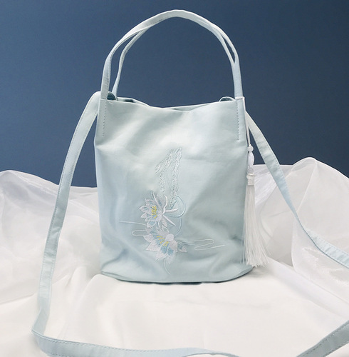 Cotton and linen bags, ancient style Han elements, Hanfu cross-body large suction buckle bucket bag, Chinese style floral retro embroidery bag