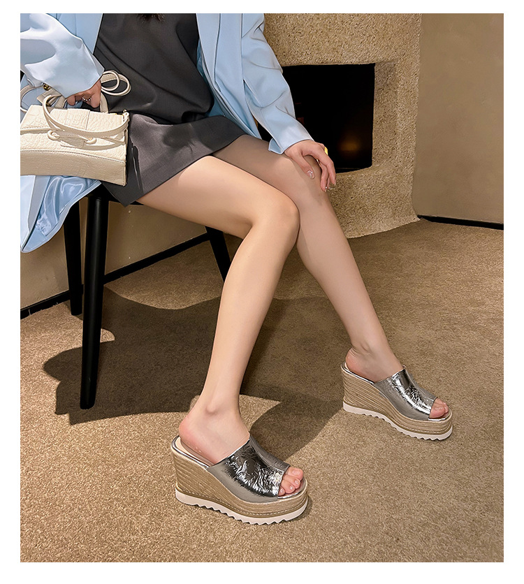 Sandal cao gót nữ mũi hở đế xuồng đan rơm phong cách La Mã — màu be, bạc chi tiết 24