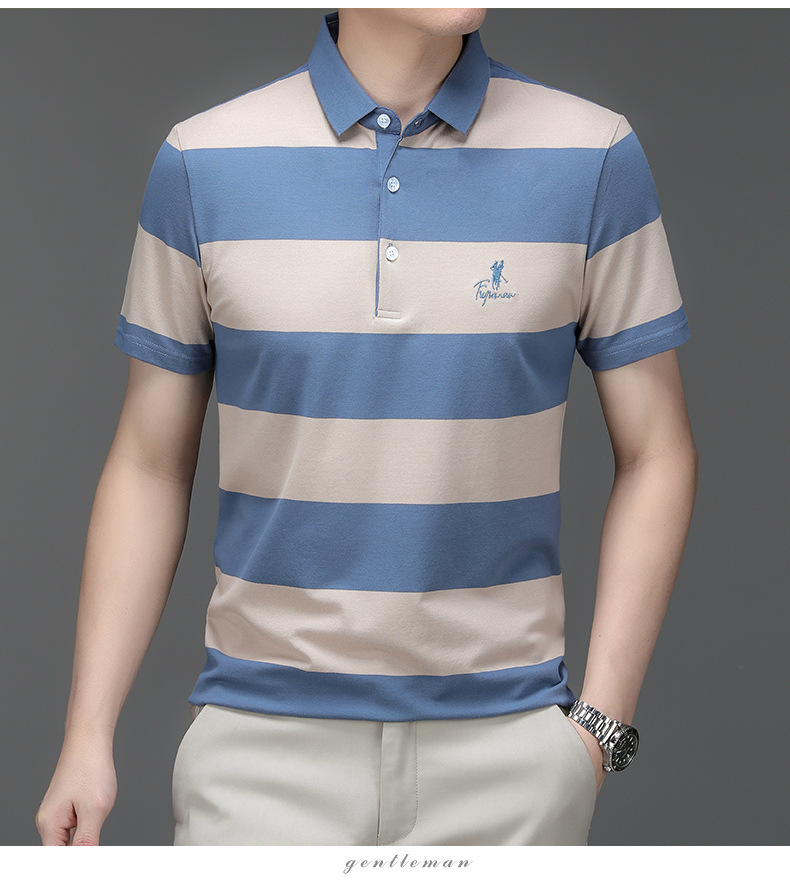 Mingdi Mouse 2024 Sommer Neues gestreiftes Kurzarm-T-Shirt mit Business-Kragen aus reiner Baumwolle, großes Herren-Poloshirt_voghion.com