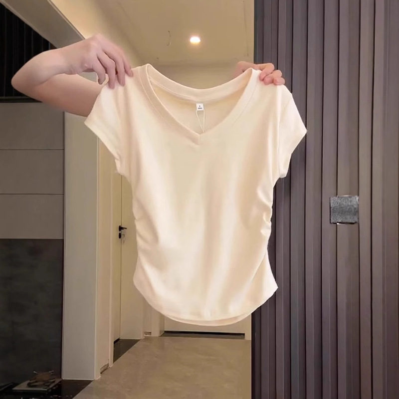 純綿の肩のvネックの半袖tシャツの女性の夏の修身はやせています。|undefined