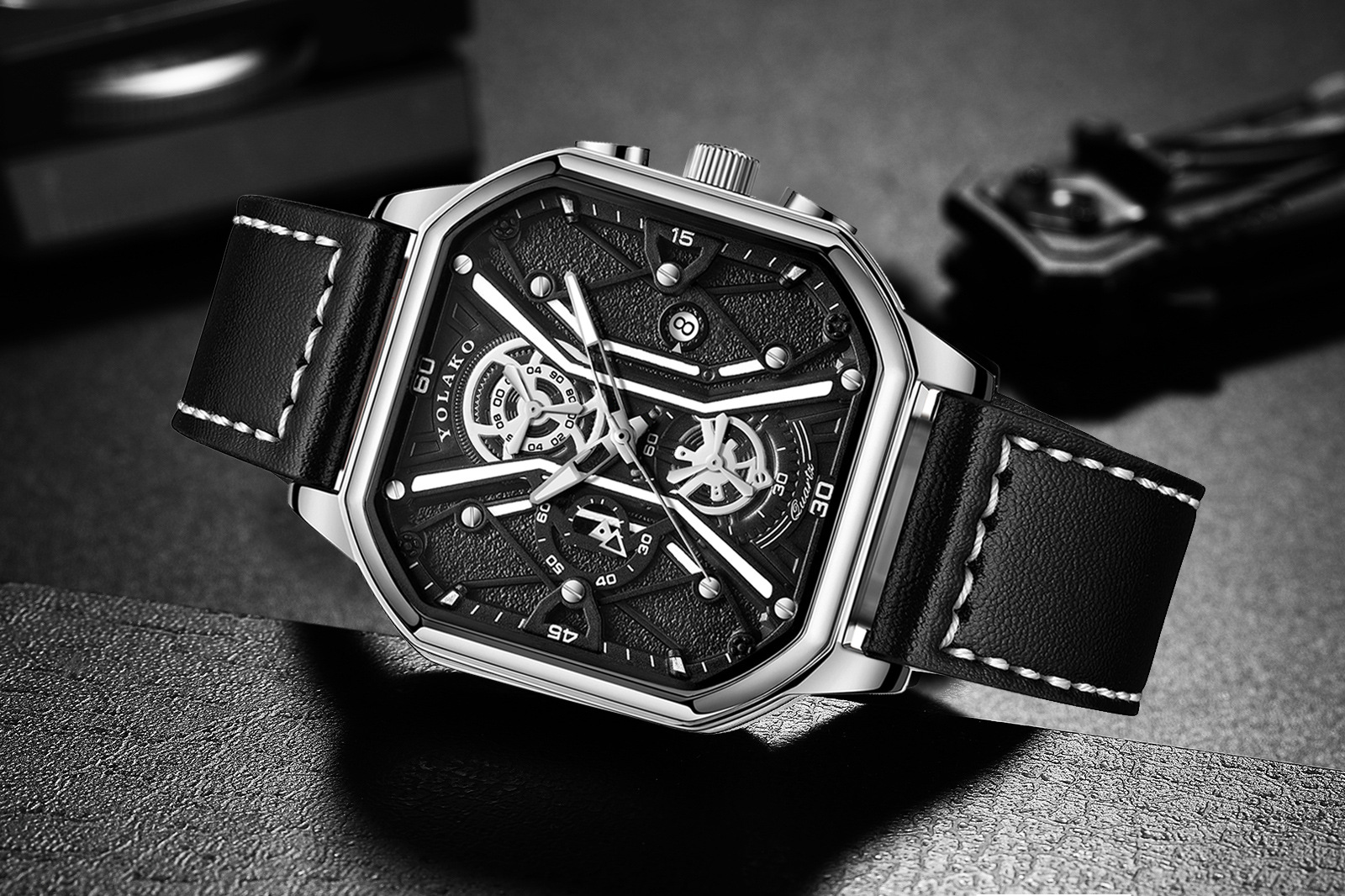 New square men's watch Fashion shaking tape and double dial temperament student wristwatch_voghion.com